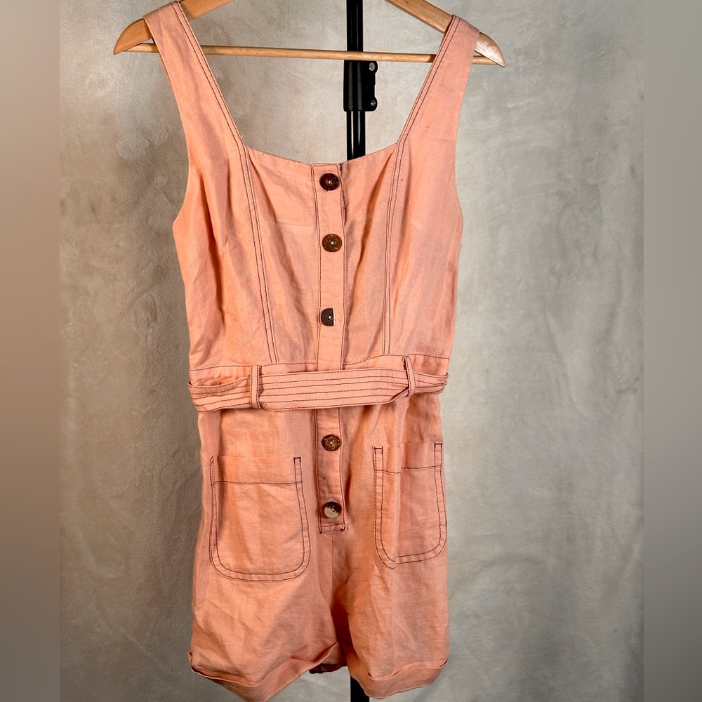 Zara Pink Linen Tie Waist Button Down Romper